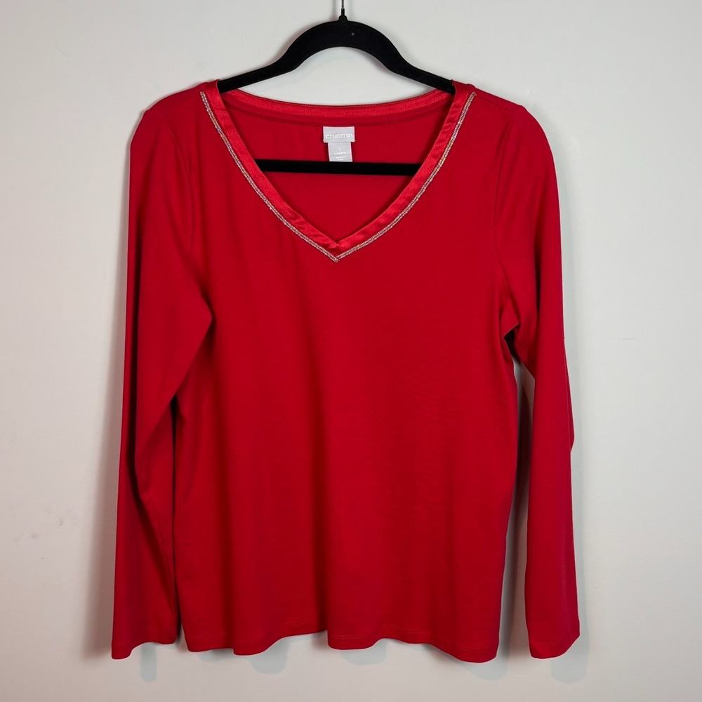 Chico's Womens Red Cotton Satin Sparkle V-Neck Collar Long Sleeve Blouse sz 1/Md